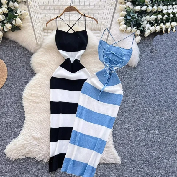 New Summer Stripe Elastic Bodycon Strap Dress Sexy Blackless Beach Sundress Women Casual Slim Pencil Vestidos Maxi Long Dress