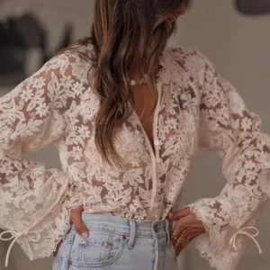 Long Sleeve Lace Shirts & Blouses Women Clothing 2025 Blusas Mujer De Moda Hollow Out Sexy Tops See Through Summer Casual Shirt