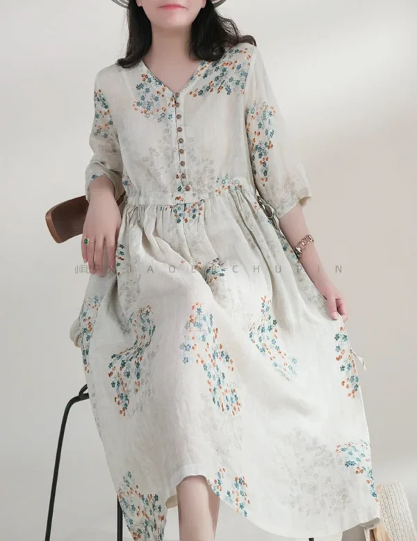 Summer Dress Women 2025 Long Print Elegant Clothing Vintage Elastic Waist Korean Beach Style V-Neck Fashion Robe Ropa De Mujer - Imagen 3