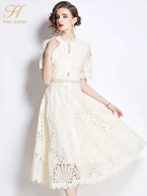 H Han Queen Spring New Elegant Casual Work Party Dresses Floral Crochet Hollow Out Lace Patchwork Casual Office Midi Dress - Imagen 2