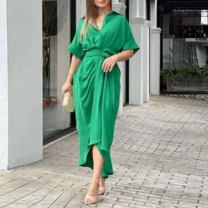 2025 Spring Summer New Women's Elegant Solid Color Wrinkled Lace-up Midi Dresses Female Fashion Print Button Lapel Shirt Dress