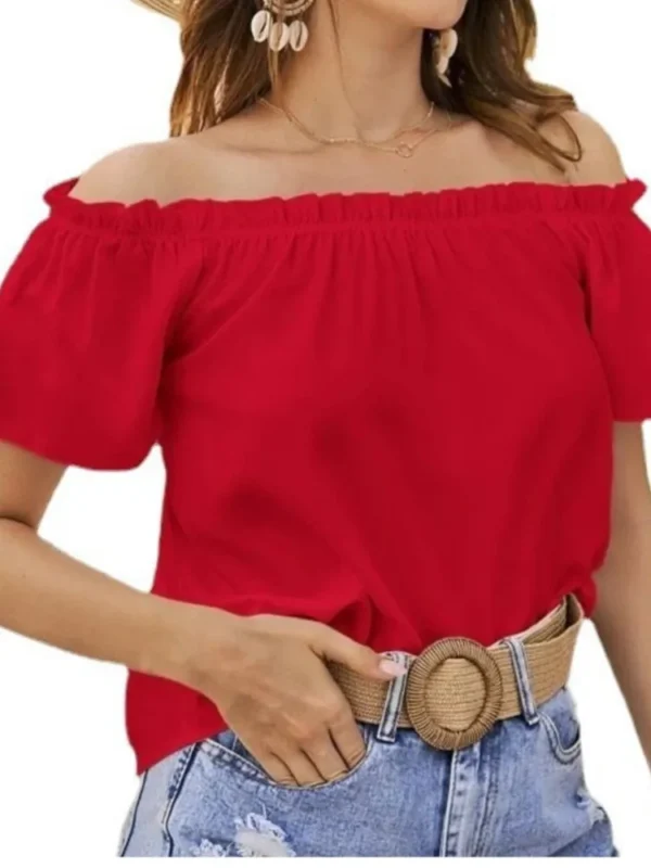 Elegant Solid Shirt Women Fashion Sexy Off Shoulder Short Sleeve Ruffles Top Shirts Lady Casual Office Holiday Tops Shirt Summer - Imagen 3
