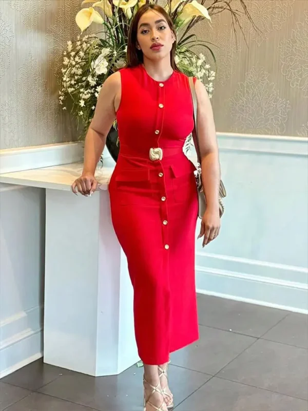TRAFZA Women Casual Solid Belt Midi Dress O Neck Single Breasted Sleeveless Dresses Front Slit Slim Lady Elegant Evening Dress - Imagen 5