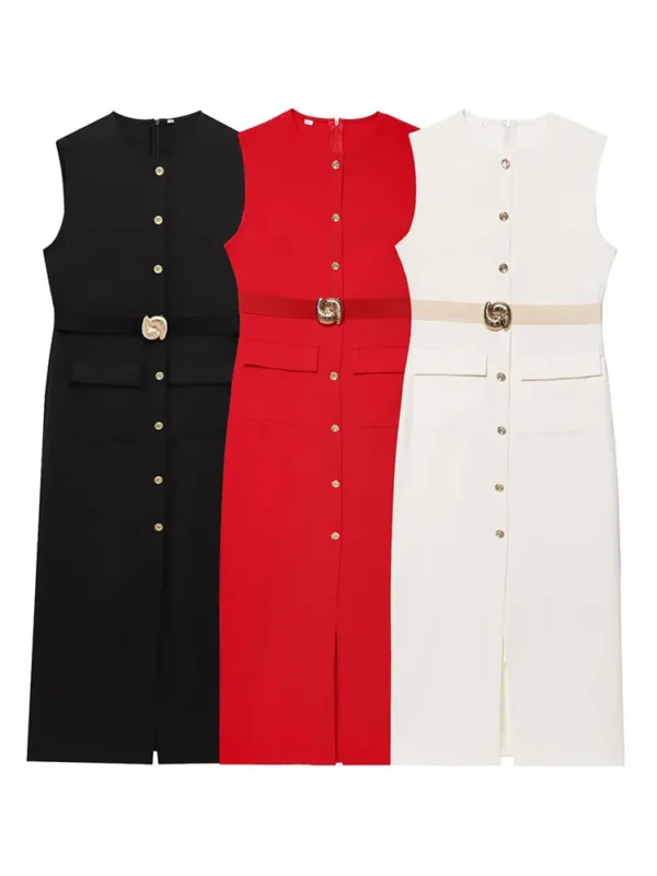 TRAFZA Women Casual Solid Belt Midi Dress O Neck Single Breasted Sleeveless Dresses Front Slit Slim Lady Elegant Evening Dress - Imagen 2