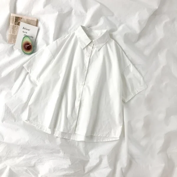 White Shirts Women Fashion Black Tie Japan Style Preppy Students JK Girls Blouse Simple Solid Loose Summer Button Up Tops New - Imagen 2