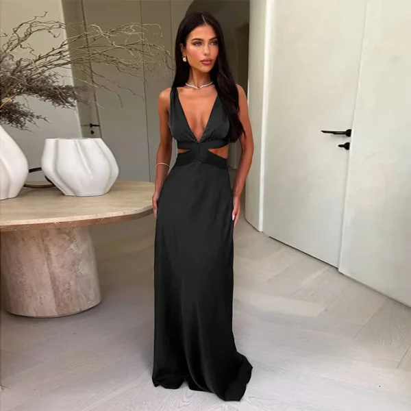 Tornova Deep V neck Hollow Long Dress Female Sleeveless Slit Beach Vacation Dress Solid Color High Waist Bodycon Women's Dress - Imagen 3