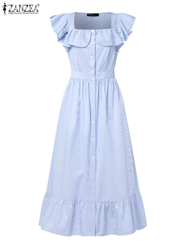 ZANZEA Women Fashion Ruffles Midi Dresses Bohemian Square Neck Sleeveless Striped Ruffled Hem A-line Robes Femme Vacation Style - Imagen 4