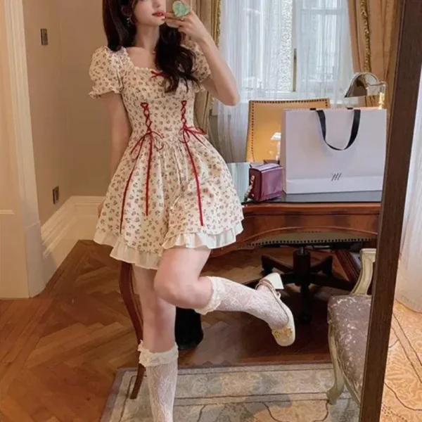 Cute Florals Dress Women Vintage Cottagecore Y2k Puff Sleeve Square Collar Lace-up High Waist Corset Dress Female - Imagen 4