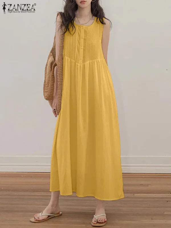 ZANZEA 2024 Summer Holiday Long Dress Solid Sleeveless Pleated Vestidos Korean Fashion Loose Sundress Casual Beach Tank Dresses - Imagen 4