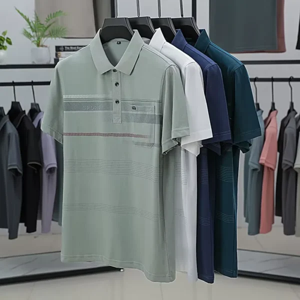 Fashion striped jacquard men's short sleeve polo shirt summer casual sport style letter embossing comfort breathable new T-shirt - Imagen 2