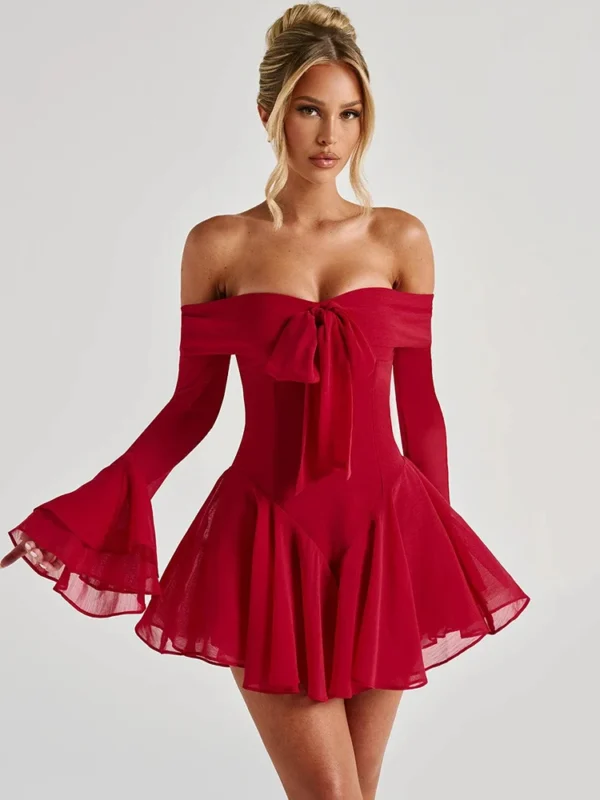 Mozision Strapless Long Flare Sleeve Sexy Mini Dress For Women Robe Off-shoulder Backless High Waist A-line Club Party Dress - Imagen 3