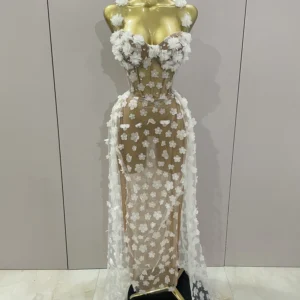 Sexy Mesh See Through Flowers Backless Long Dress 2025 Women Elegant Party Wedding Celebrate Evening Gown Prom Hotwife Outfit