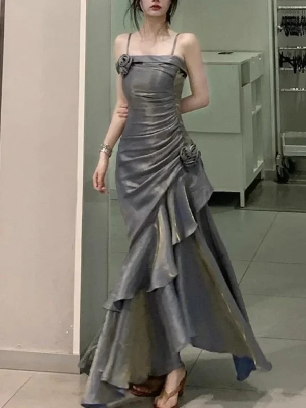 Korean Vintage Velvet Long Dress Women Luxury Slim Mermaid Spaghetti Strap Floral Dress Elegant Sexy Casual Evening Party Dress - Imagen 4