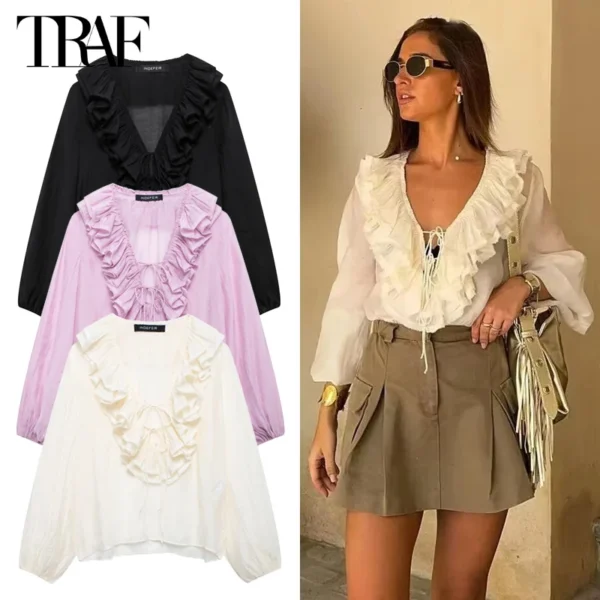 TRAF 2025 Ruffle Blouses for Women Semi Sheer Casual Blouses Woman Pleated Summer Shirts and Blouses Women Long Sleeve Women Top