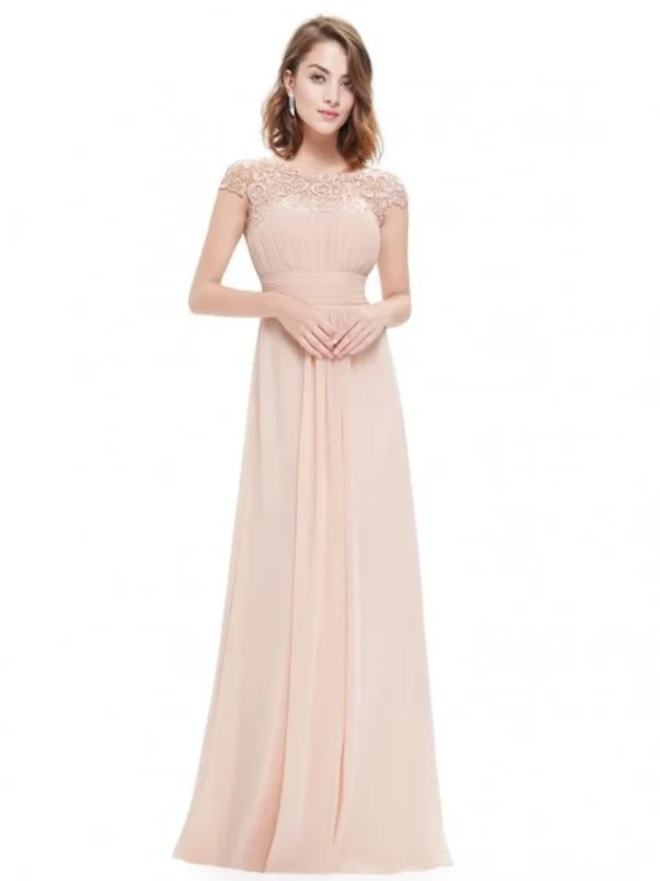 Perspective Lace Open Back Chiffon Ruched Long Solid Color Evening Bridesmaid Dress - Imagen 5