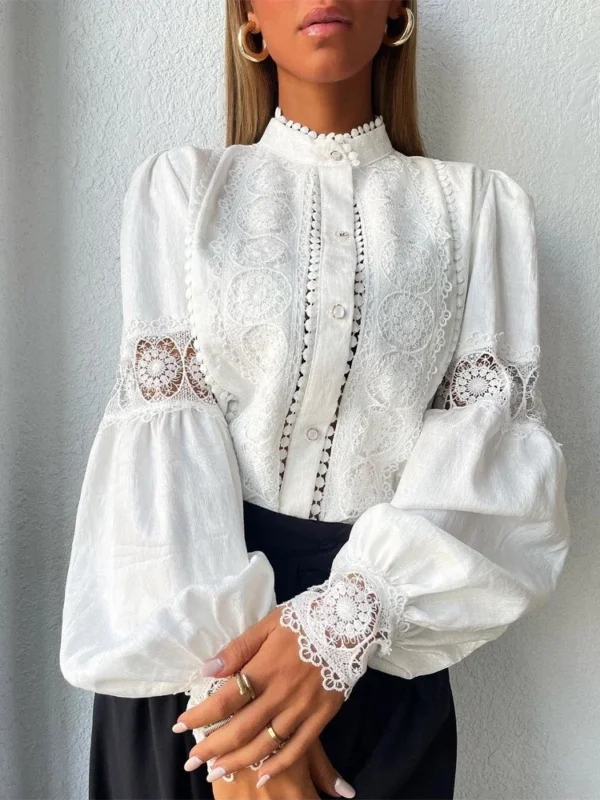 White Lace Blouses Women Elegant Solid Casual Lace and Button Hook Flower Hollow Puff Sleeves Blouse Top Lady Office Shirts - Imagen 3