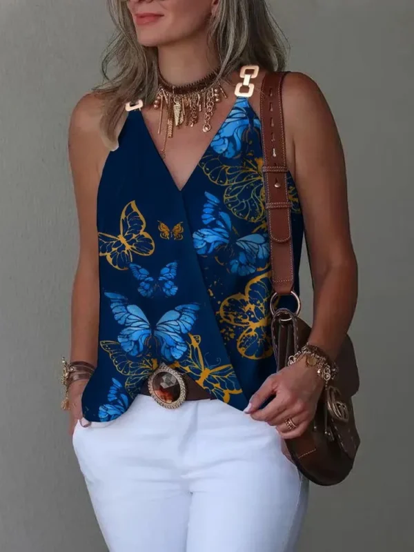 Elegant V-Neck Blouse for Women, Sexy Sleeveless Chain Print, Lady Casual Tops, White, Summer, 2024 - Imagen 6