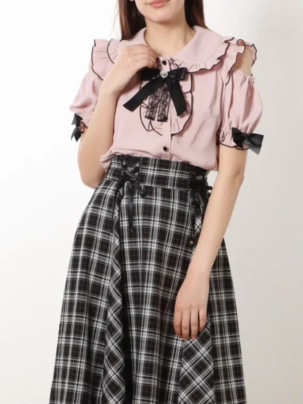 Sweet Lolita Fashion All Match Blouses Women Japanese Summer Y2k Aesthetic Ruffled Bow Shirts Girly Kawaii Patchwork Tops Blusas - Imagen 5