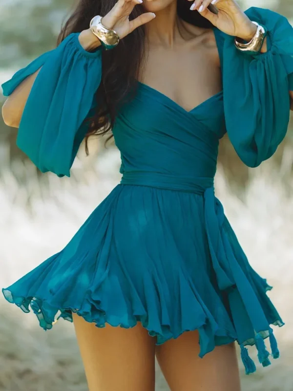 2024 New Women's Clothing European and American Style Fashion Casual with Bow Tie Belt Long Sleeve Backless Dress
