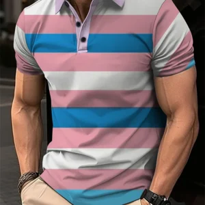 Men's Polo Shirts Tops Man Golf Shirts Summer Striped Print Button Clothing Business Style Male Streetwear Short Sleeve T-Shirt