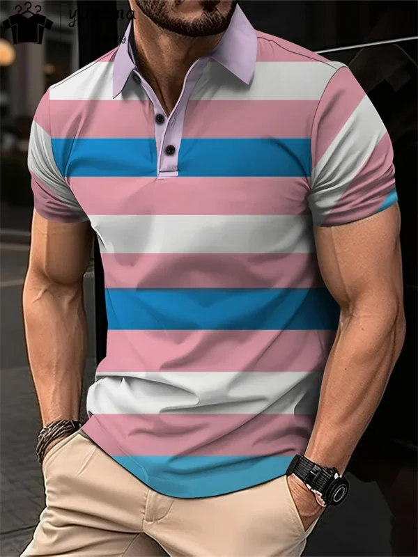 Men's Polo Shirts Tops Man Golf Shirts Summer Striped Print Button Clothing Business Style Male Streetwear Short Sleeve T-Shirt