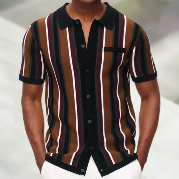 New Men's Summer Cardigan Knitted T-shirt Business High-end Slim Short Sleeve Lapel Striped Casual Fashion Polo Shirt Men M-3XL - Imagen 2