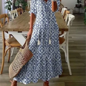 2024 Women Floral Print Casual Dress Summer Fashion V Neck Half Sleeves Long Dresses Female Bohemian Holiday Beach Dresses