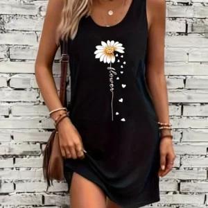 Summer black sexy dress Women's Sunflower Print Casual Slim Fit Sleeveless Round Neck T-shirt Mini Dress