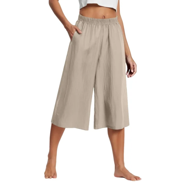 Feamle Casual and Versatile Lazy Style Wide Leg Pants With Pockets Lightweight High Waisted Loose Cropped Capris - Imagen 3