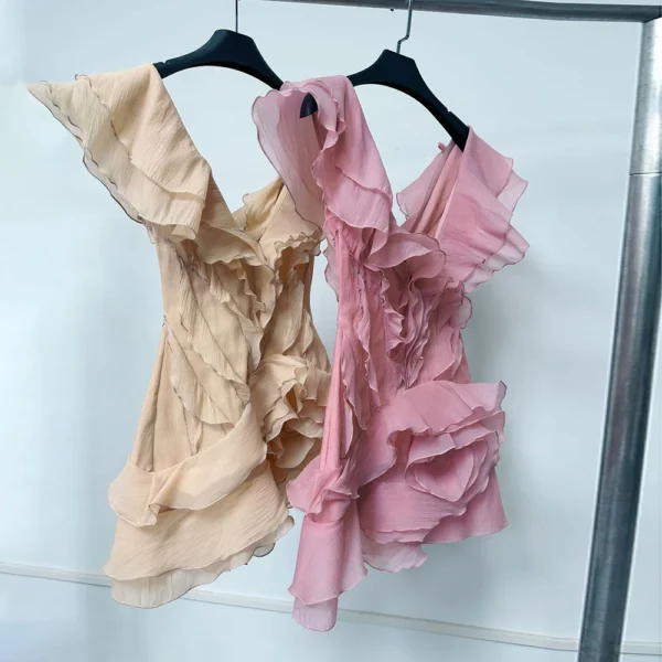 VGH Sexy Short Dress For Women Slash Neck Off The Shoulder Sleeve Backless High Waist Spliced Ruffles Dresses Female Fashion New - Imagen 6