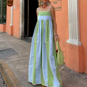 Combhasaki Women Summer Striped Adjustable Thin Spaghetti Straps Ric-Rac Trim Flowy Beachwear A-line Slip Cami Pocket Long Dress