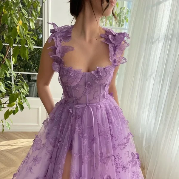 2024 Spring Summer New Women's Clothing Tulle Spaghetti Straps Sleeveless High Slit Dress Lace Up Back - Imagen 3