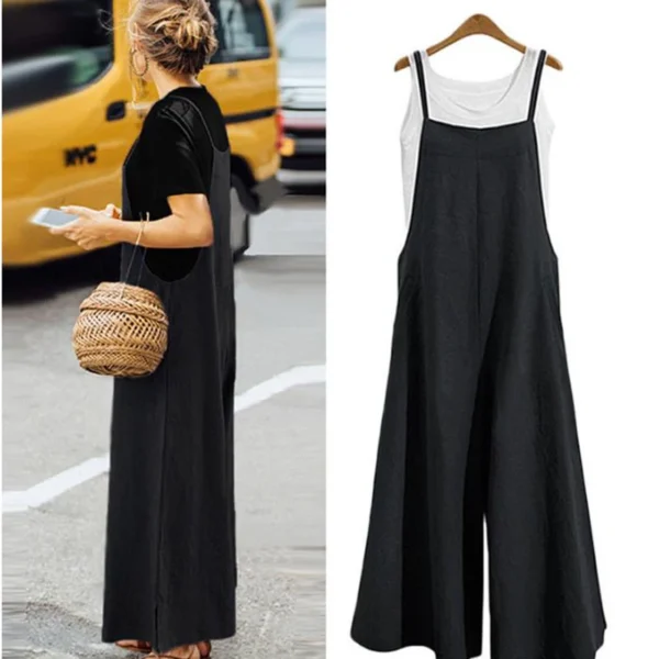Women Straps Jumpsuit Summer Solid Color Wide Leg Pants Dungaree Bib Overalls Casual Loose Sleeveless Cotton Linen Jumpsuits 5Xl - Imagen 2