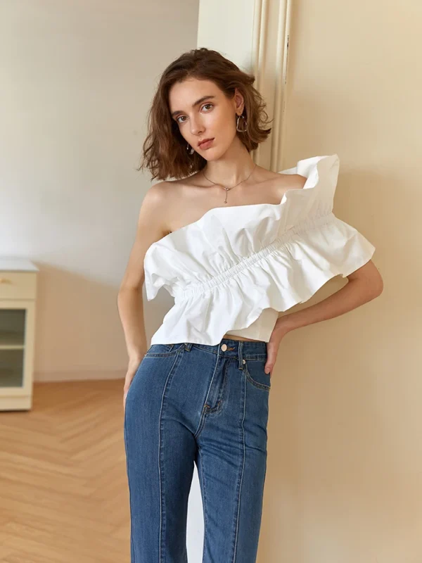 AEL Fashion Original One-Shouldered Sleeveless Tucked T-shirt Large Lotus Leaf Edge White Slim Blouse Woman - Imagen 5