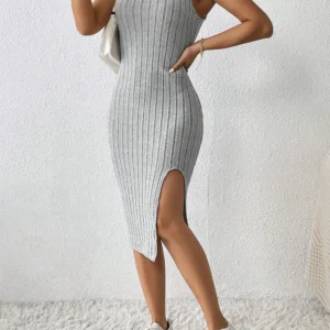 Women Summer Style Knitted Suspender Dress Lady Sleeveless Square Collar Side Slit Skirt Dress Vestidos