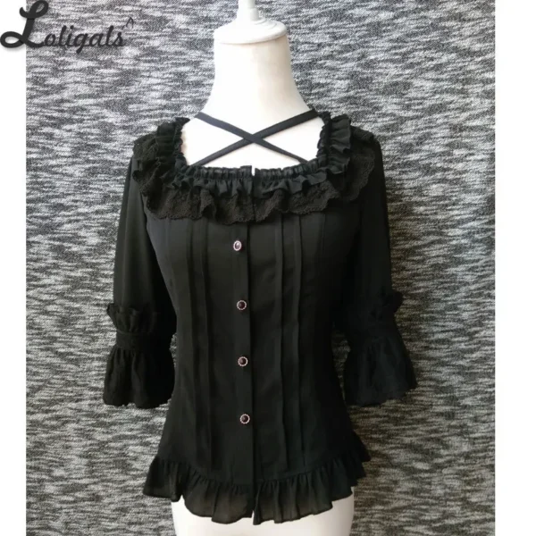 Sweet Chiffon Shirt Ruffled Short Sleeve Criss Cross Lolita Blouse - Imagen 3