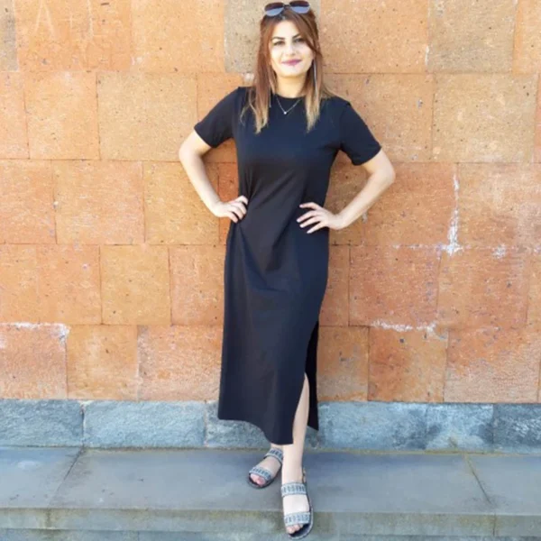 Summer Korean Style Midi Dress Women Casual Black Long Dresses Short Sleeve Sexy Plus Size Side Open Party Maxi T Shirt Dress - Imagen 2