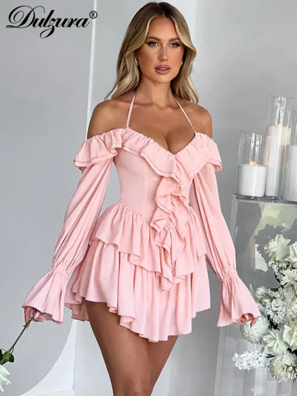 Dulzura Solid Pure Color Halter Ruffle Flare Sleeves Mini Dress 2024 Summer For Women Sexy Elegant Birthday Party Clubwear - Imagen 2