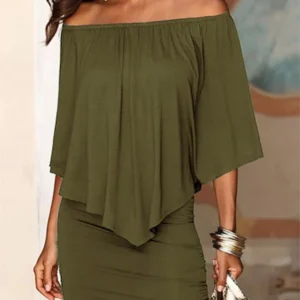 2025 Spring/Summer New Fashion Slash Neck Geometric Irregular Ruffles Wrapped Hips Dresses Casual Elegant Sexy Women Mini Dress