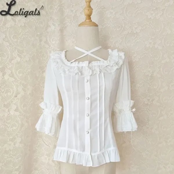 Sweet Chiffon Shirt Ruffled Short Sleeve Criss Cross Lolita Blouse - Imagen 2