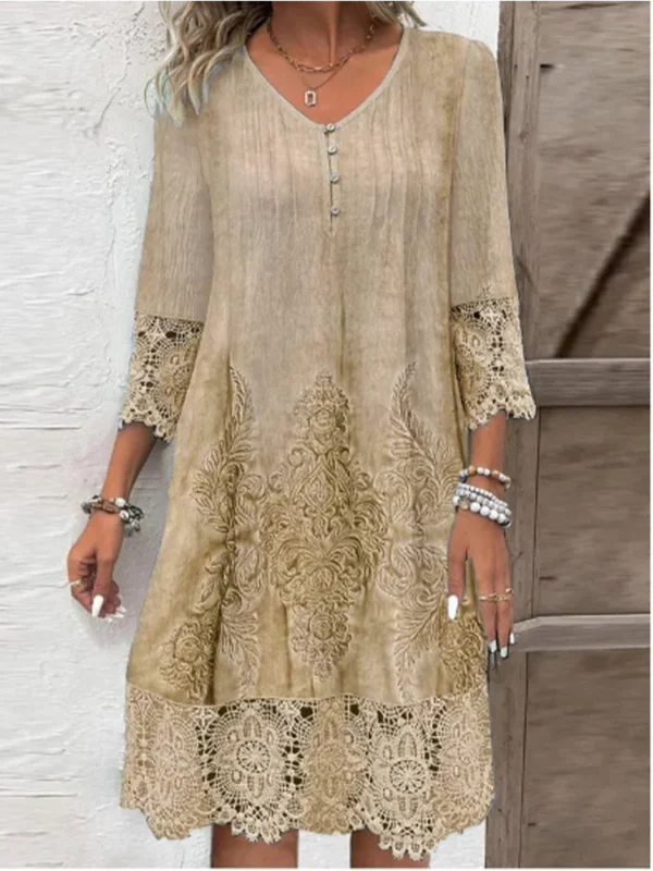 Button V-neck Short Sleeved Lace Printed Women's Dress Elegant Casual Fashionable High Street Spring Dresses