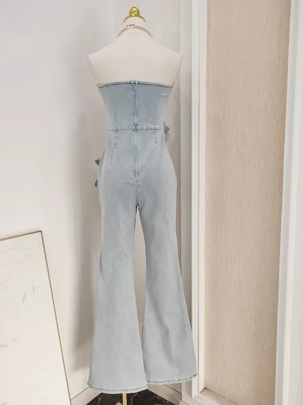 3D Appliques Flower Strapless Demin Jumpsuits For Women Off Shoulder Sleevelss Solid Color High Waist Full Length Overalls New - Imagen 2