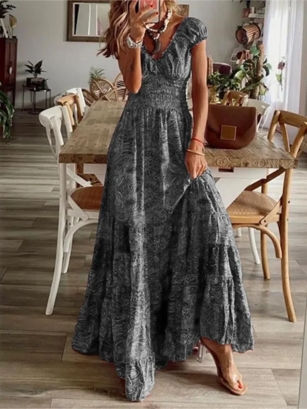 Women's Summer New Ethnic Style Printed Dress Short-sleeved Waist Dress Fashionable Floral Petal Sleeves Large Hem A-line Dress - Imagen 5
