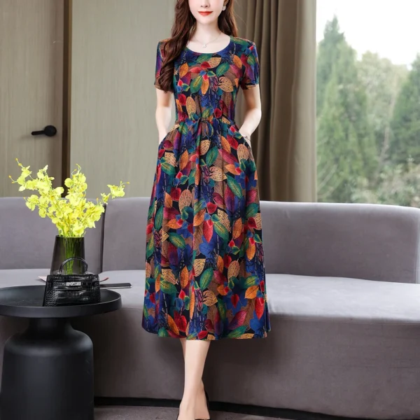 New Casual Summer Dresses For Women 2025 Fashion O-Neck Print Flowers Elegant Floral Party Dress Women Slim Women Clothing - Imagen 4