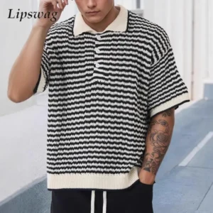 Stylish Contrast Color Striped Knit Polo Shirt Men Summer Casual Knitted Short Sleeve Jumper Top Mens Vintage Button Lapel Polos