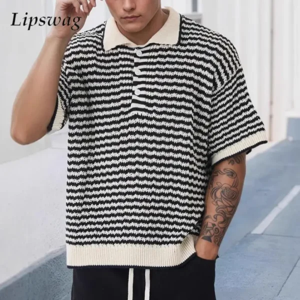 Stylish Contrast Color Striped Knit Polo Shirt Men Summer Casual Knitted Short Sleeve Jumper Top Mens Vintage Button Lapel Polos