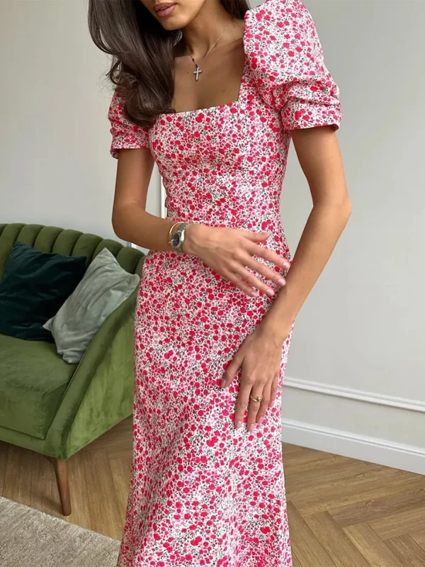 New Fashion Womens Summer Midi Dress Casual Short Puff Sleeve Floral Print A-Line Dress Elegant Flowy Dress Hot Sale S M L - Imagen 4