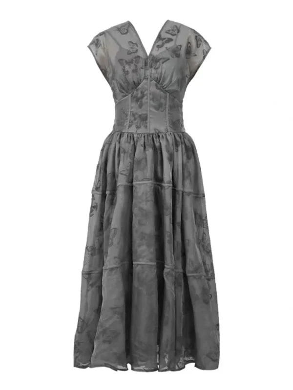 Women's French Retro Long Dress Celebrity Grey Printed Short Sleeve Corset Large Swing Ball Gown Femme Party Banquet Vestidos - Imagen 3