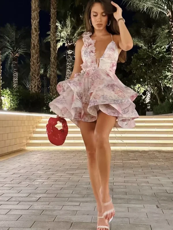 FSMG Sweet Pink 3D Flower Ruffles Mini Camisole Dress Fashion Sexy V Neck Sleeveless Backless Short Skirt Evening Party Vestidos - Imagen 3