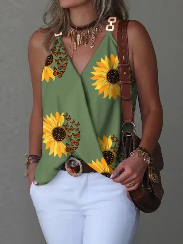 Elegant V-Neck Blouse for Women, Sexy Sleeveless Chain Print, Lady Casual Tops, White, Summer, 2024 - Imagen 4
